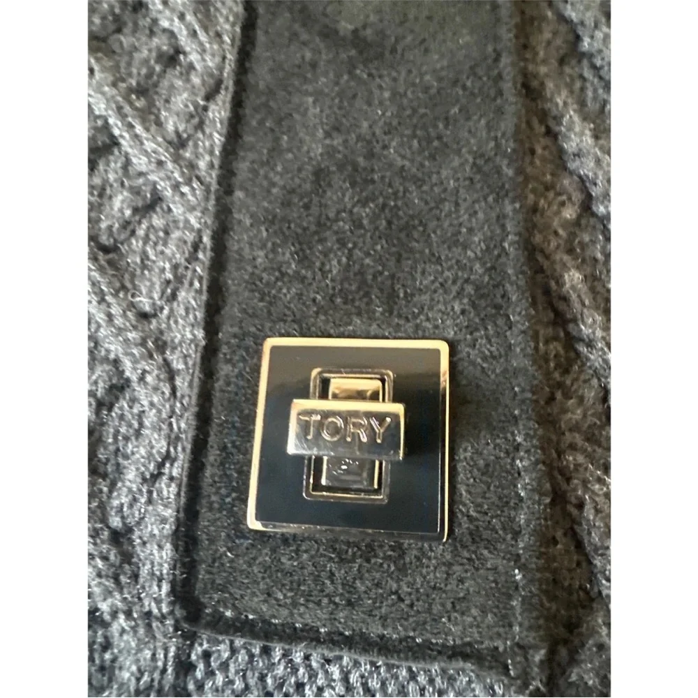 Tory Burch Gray and Black Cardigan Sweater coat luxury trim waffle wool stretch - Picture 4 of 6